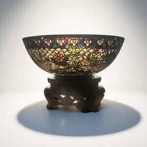 Mini Plique-à-Jour Enamel Bowl, Floral Stained Glass Style with Stand